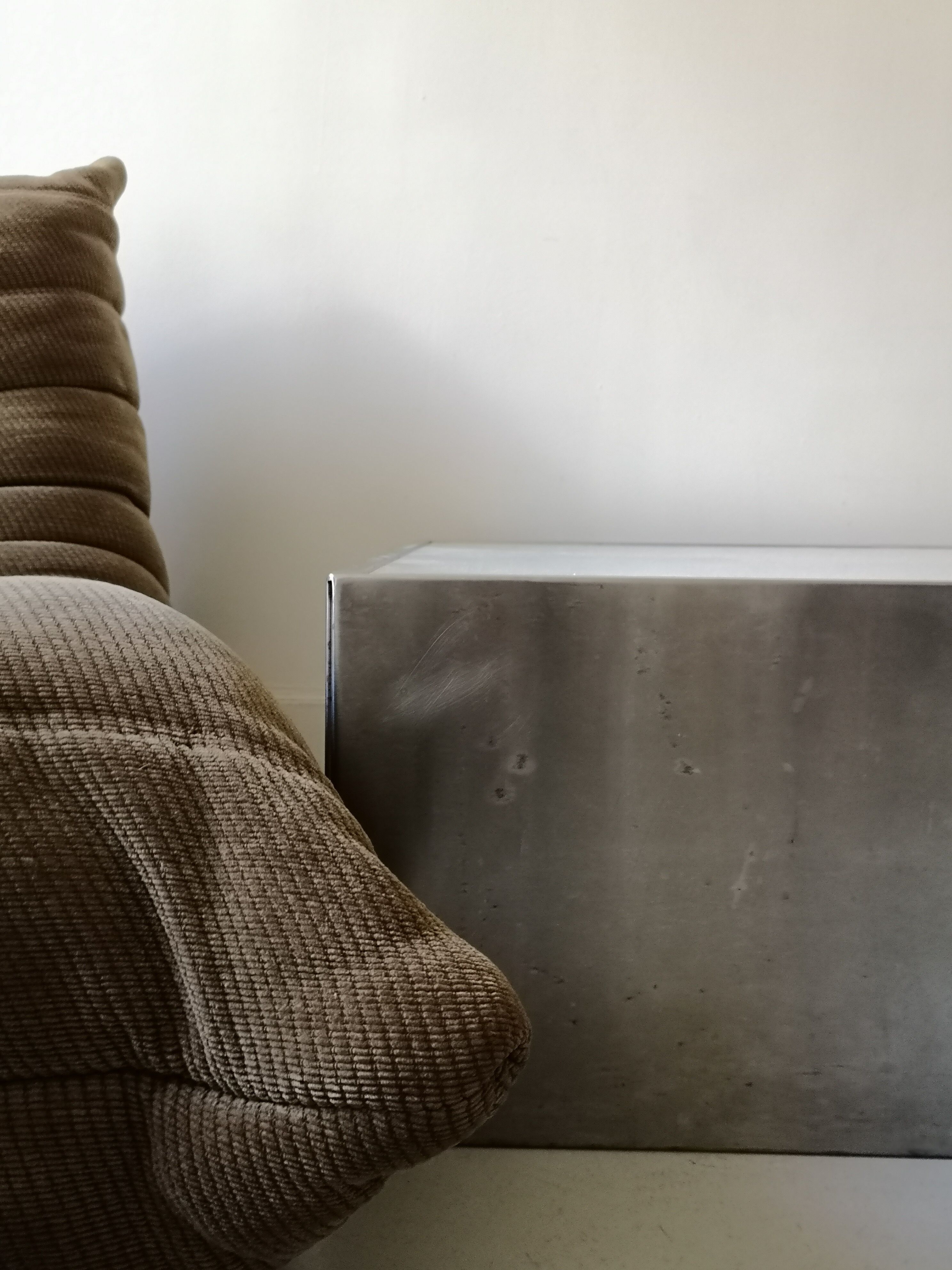 Square block coffee table white glass and metal, cube design 1970