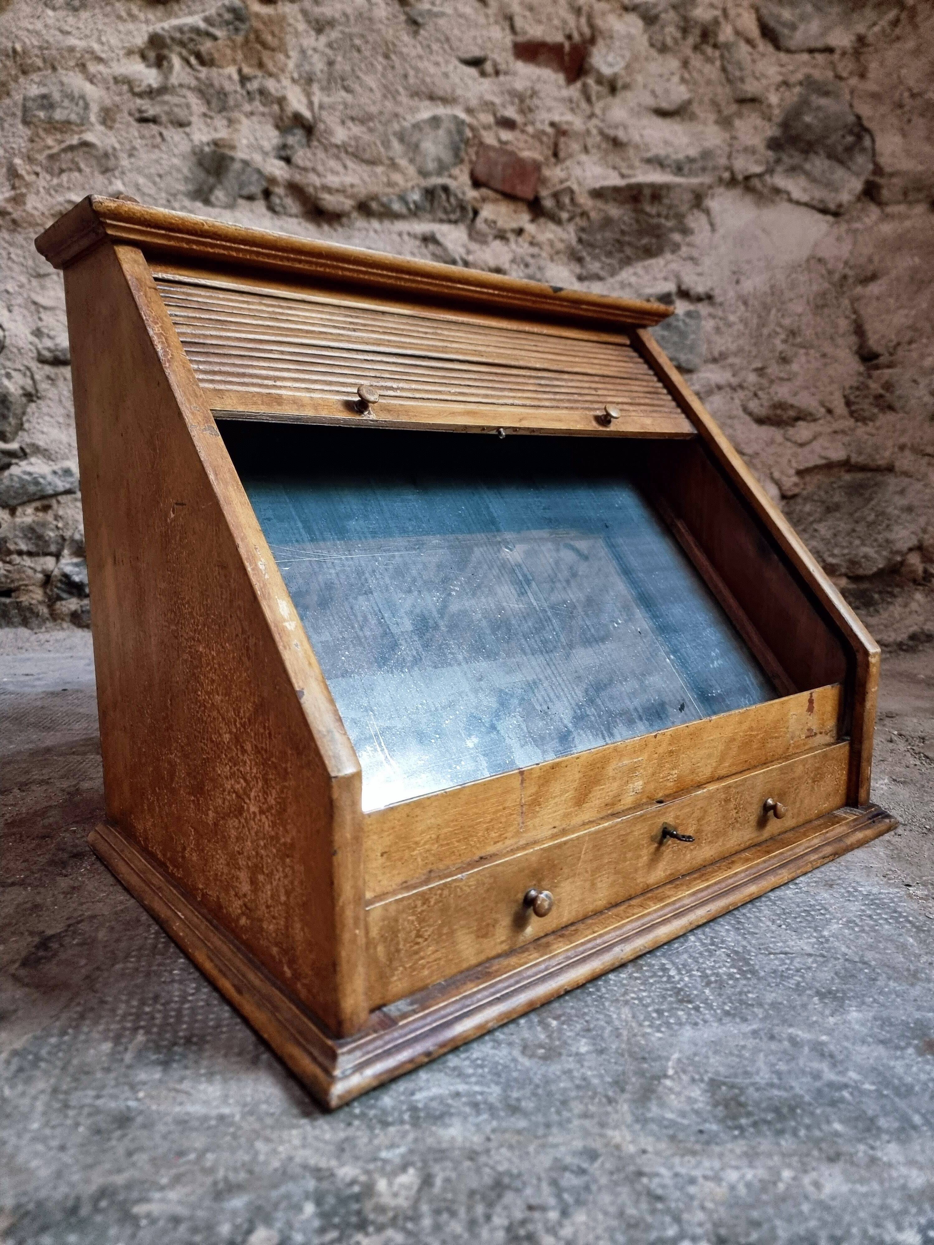Antique French optician's table display cabinet – Walnut curtain display cabinet, early 1900s.