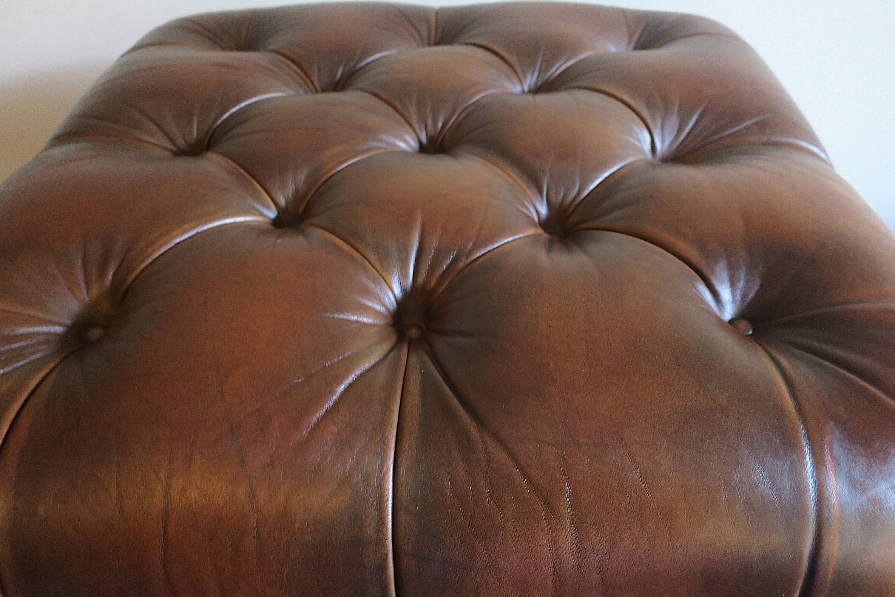 Chesterfield brown tufted leather pouffe ottoman