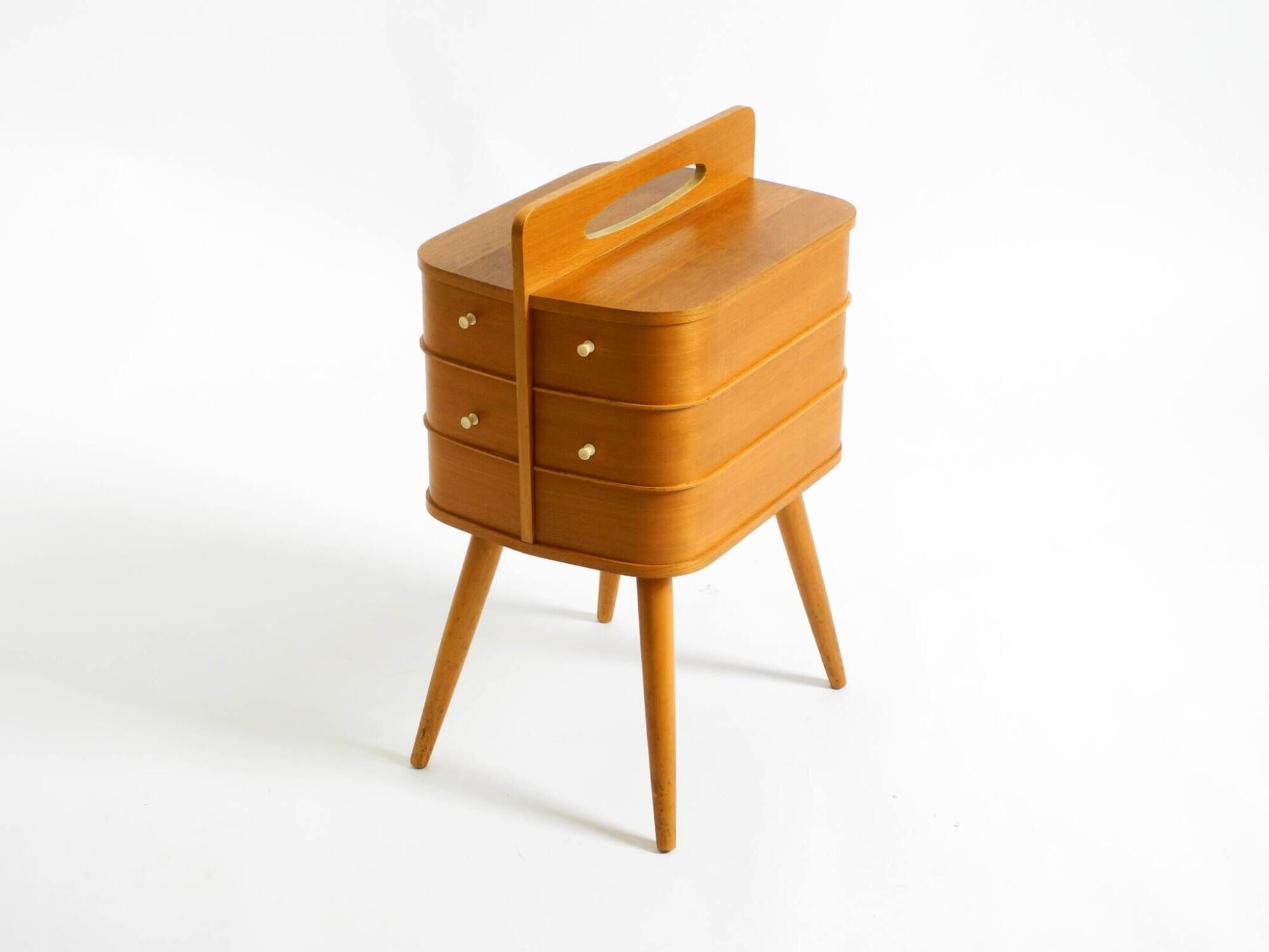 Beautiful original Mid Century teak sewing box with hinged compartments