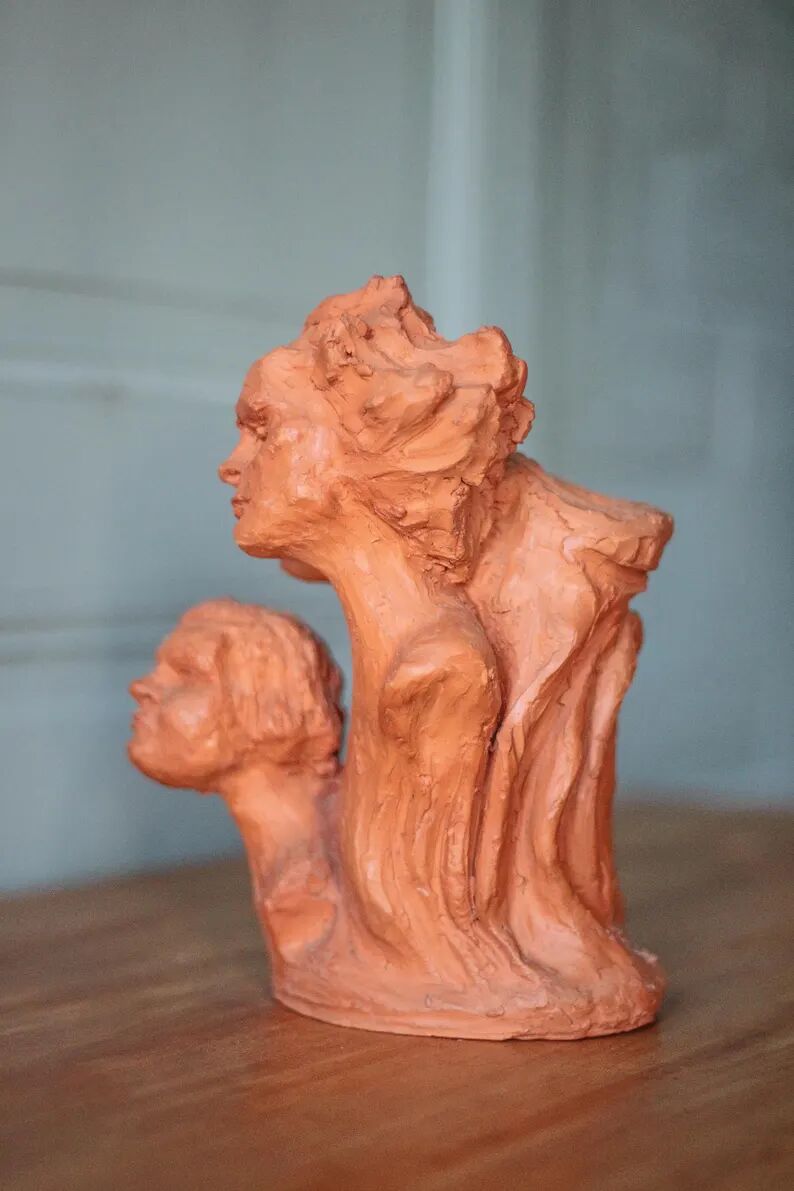 Sculpture signed Doloire, terracotta sculpture with 3 faces, candlestick sculpture, collection, interior decoration.