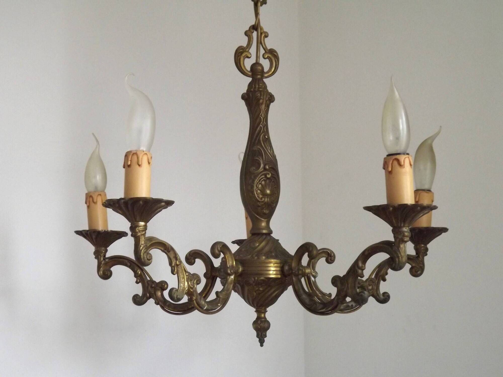 French Vintage Art Nouveau Bronze 5 Light Traditional Style Chandelier 5483