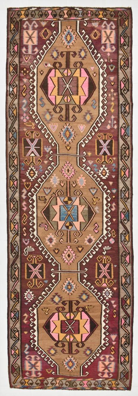 4x13 Kilim Long Wide Brown Handmade Turkish Kilim Runner Rug, 131x404 Cm