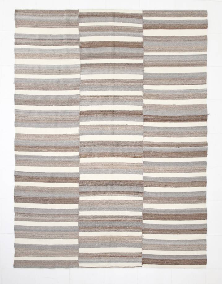 Contemporary Brown & Beige Striped Motifs Vintage Kilim Rug, 226x306Cm
