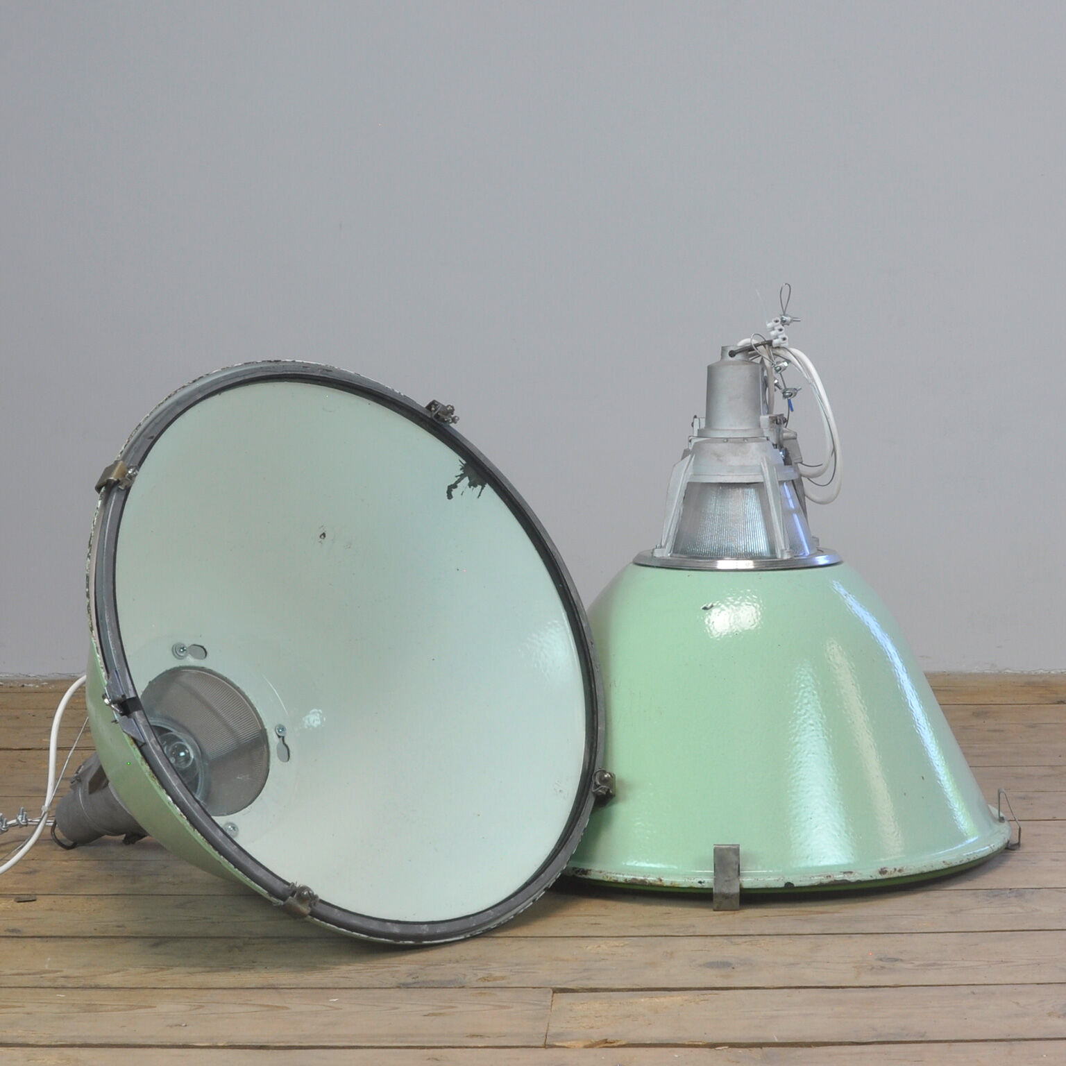Green Enameled Industrial Pendant Light, 1950s