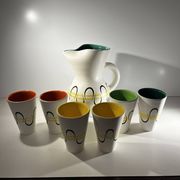 Andre baud for vallauris, ceramic jug and 6 glasses set, ca 1960