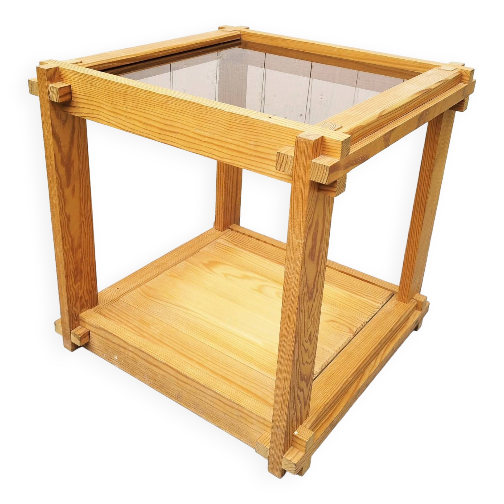 End table pine and smoked glass 70-80's