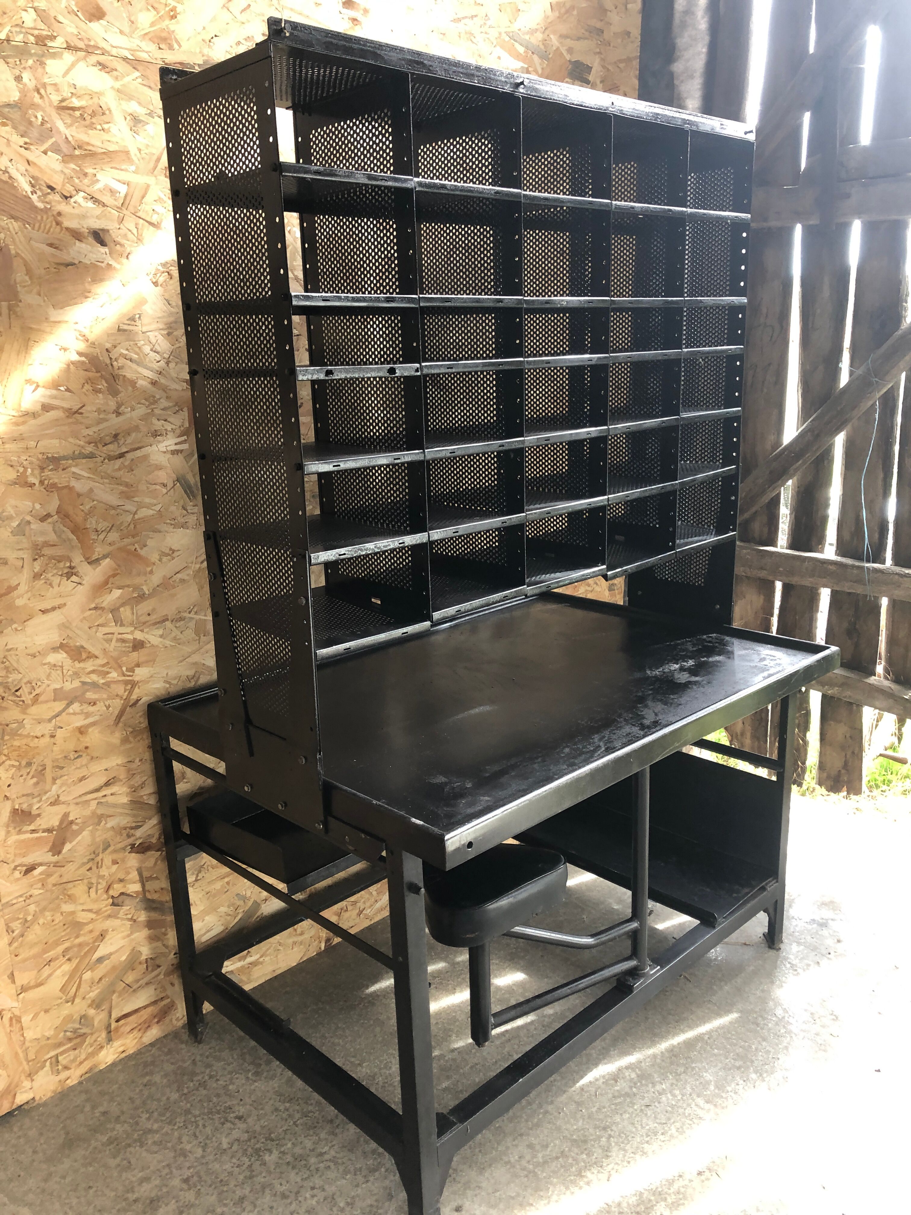 Old black metal postal sorting furniture + 30 perforated lockers + vintage stool
