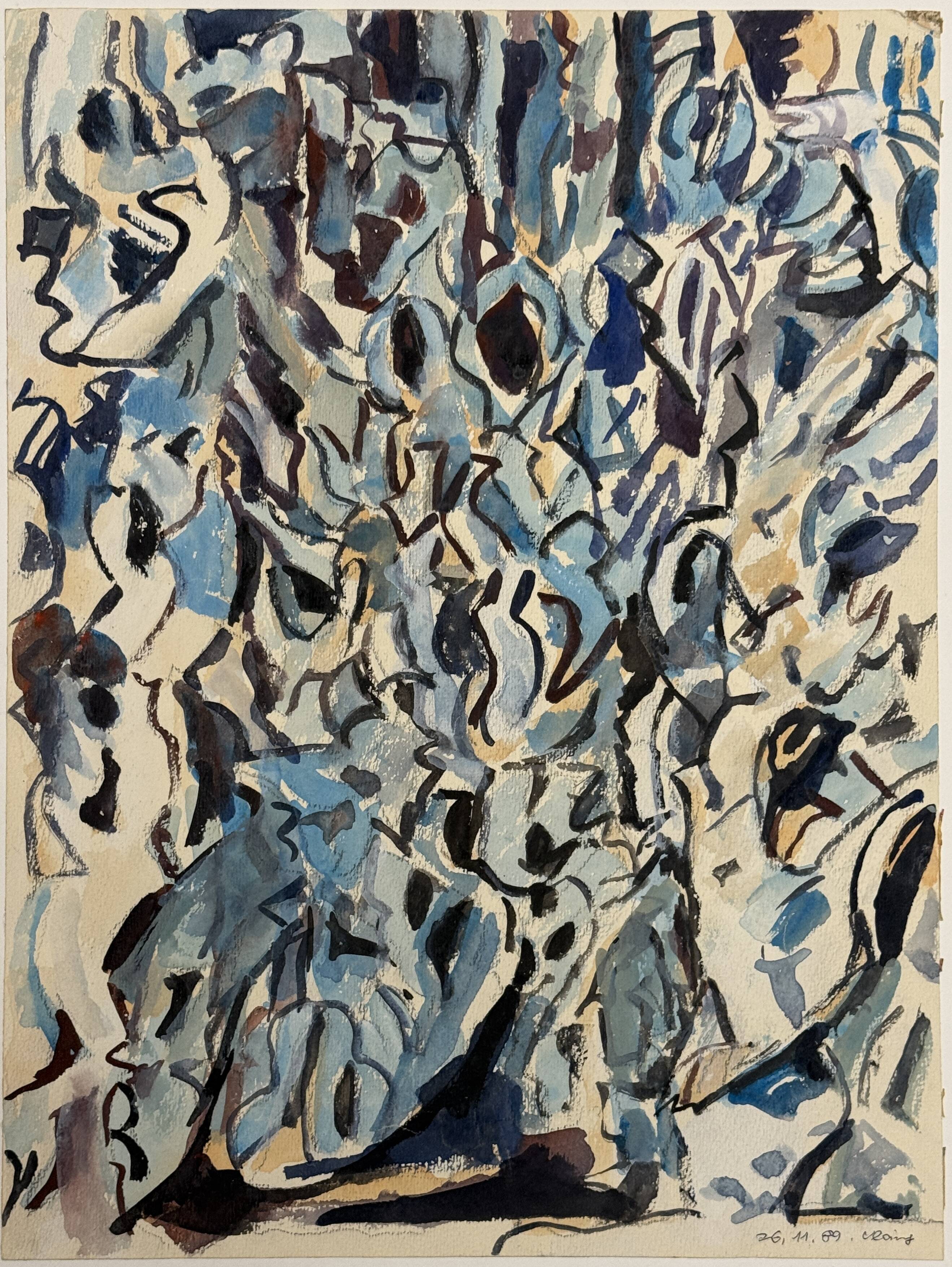 Helmut Dittmann, Abstract Composition in Blue and Grey, Paint on Paper 1989