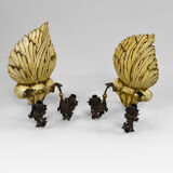 Pair of Hollywood Regency sconces in carved, painted and patinated wood, 1950s