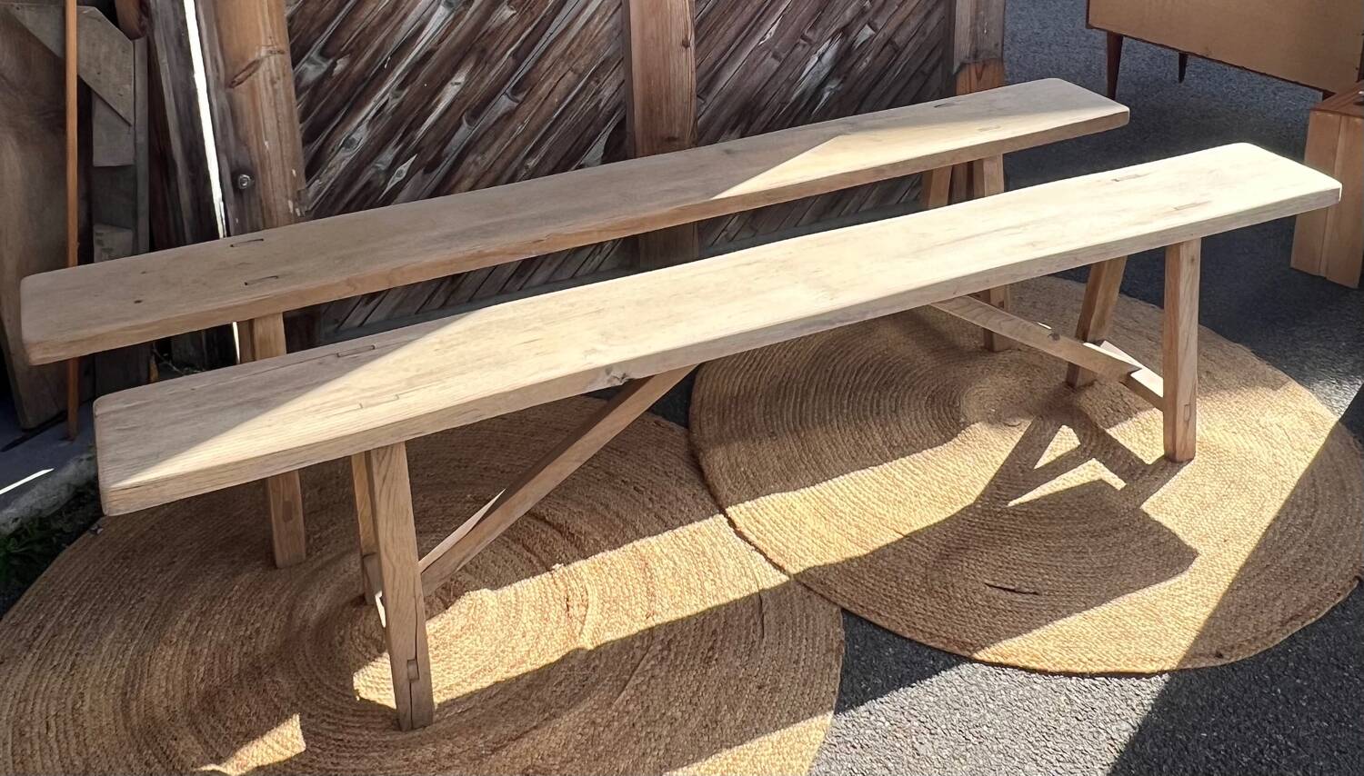 Pair of antique farmhouse benches in raw solid wood - length 2m
