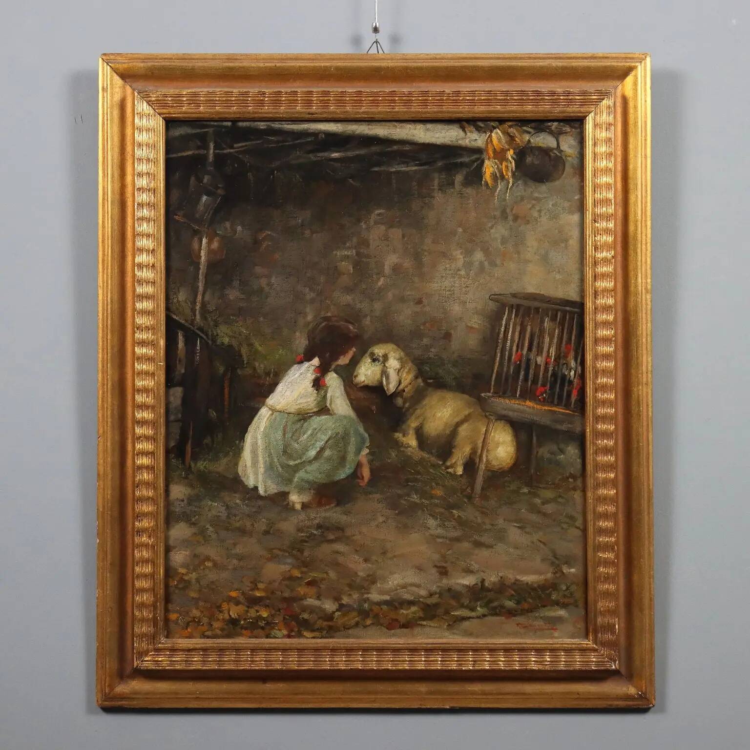 Peinture moderne signée Cesare Laurenti « The Little Girl and the Sheep »