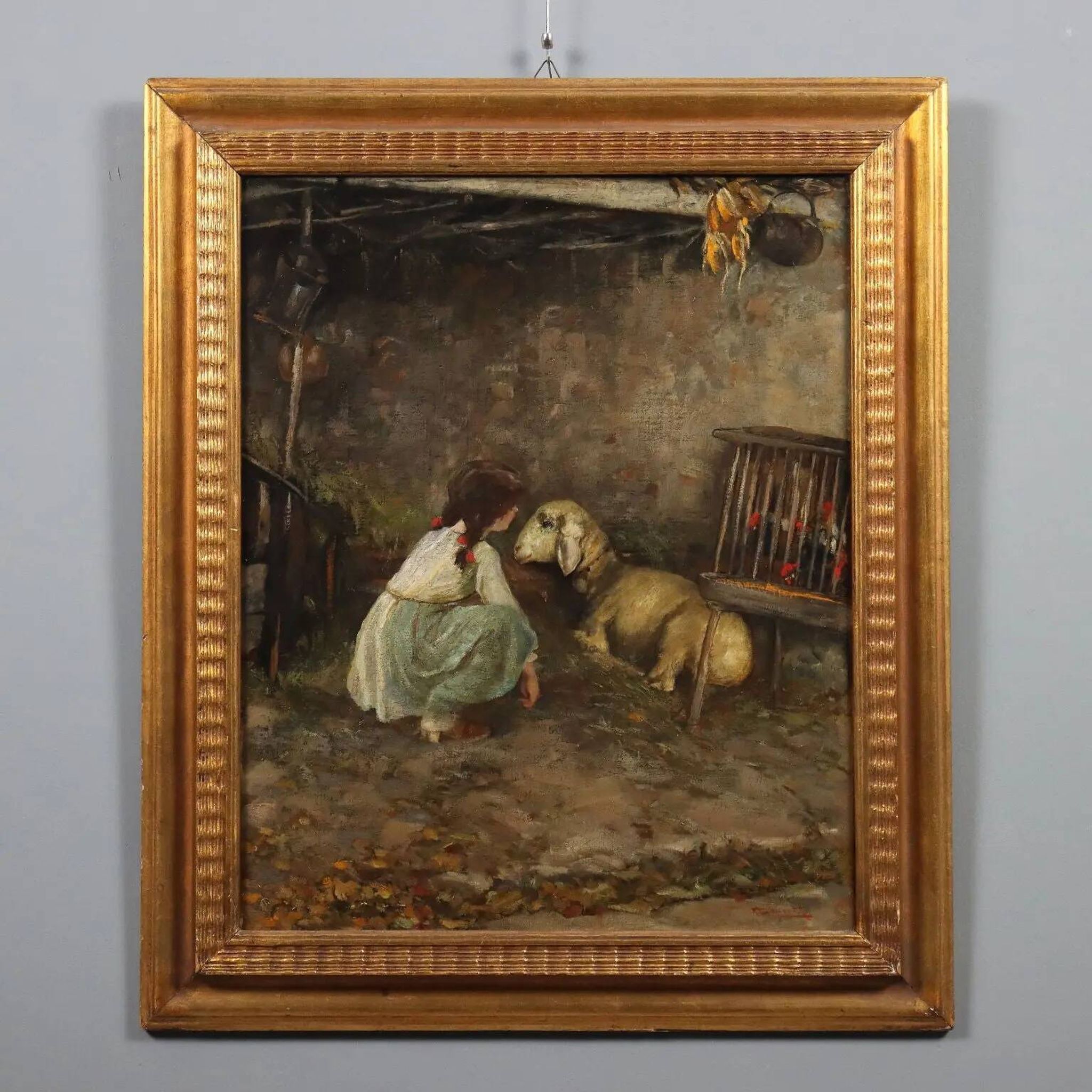 Modern painting signed Cesare Laurenti "The Little Girl and the Sheep"