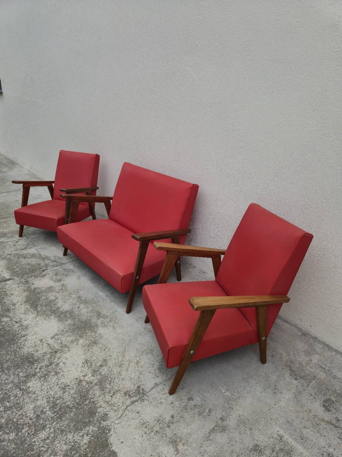 Vintage 1950s children's sofa and two armchairs with compass feet
