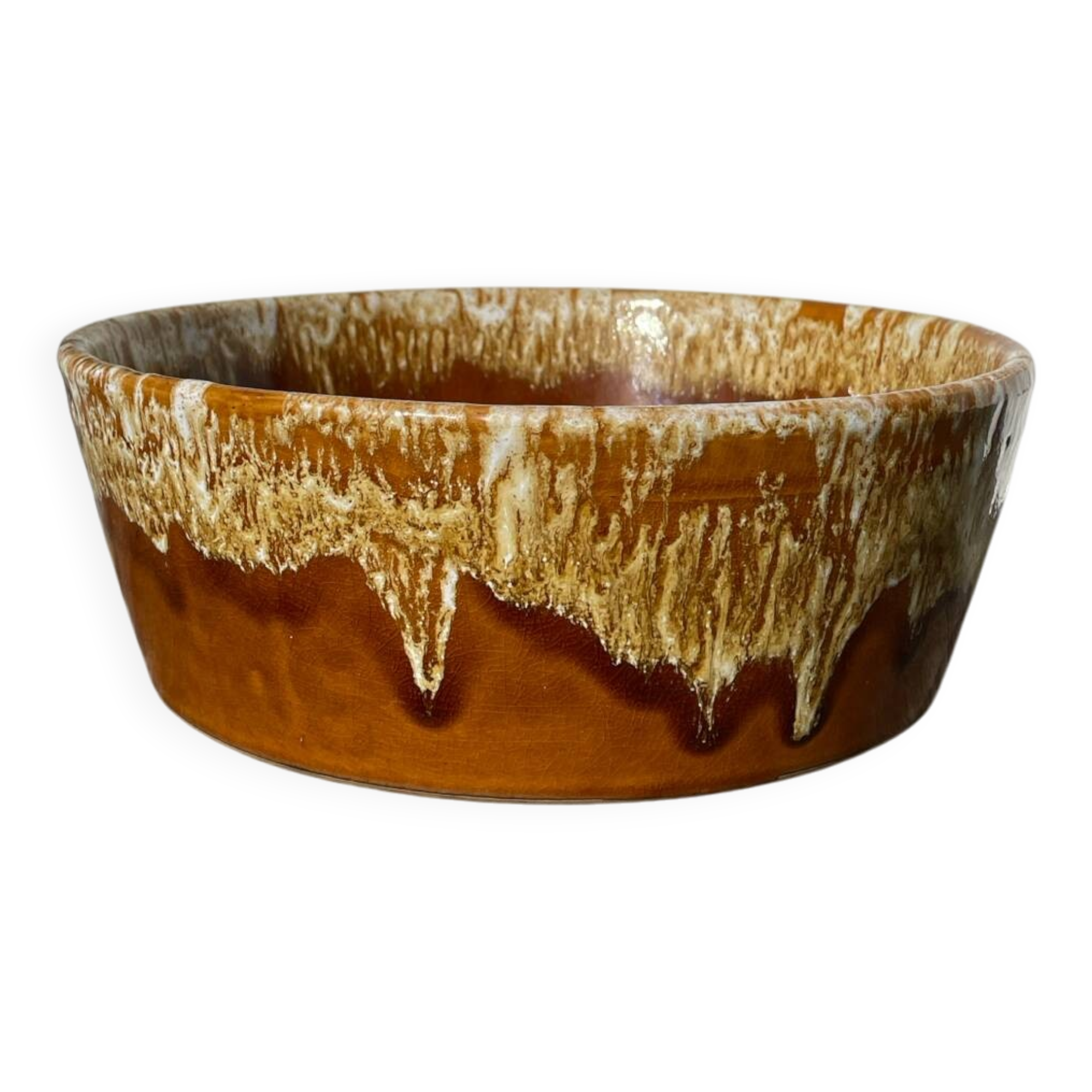 Ceramic salad bowl with beige drip glaze, 1970s pottery