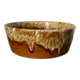 Ceramic salad bowl with beige drip glaze, 1970s pottery