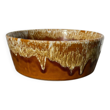 Ceramic salad bowl with beige drip glaze, 1970s pottery