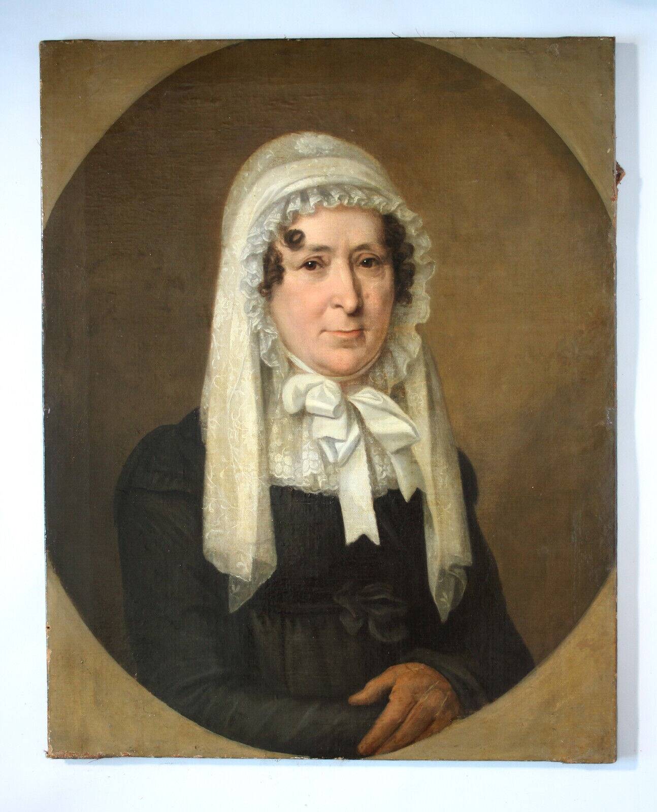 19th Century Portrait of Lady W/A White Bonnet-Oil Painting