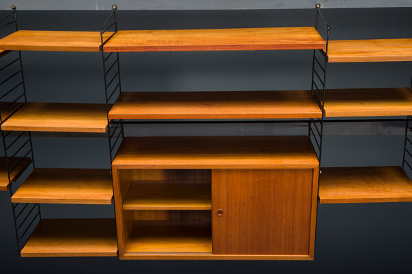 Étagère murale modulaire en teck par Nils Strinning pour corde, années 1960, ensemble de 29