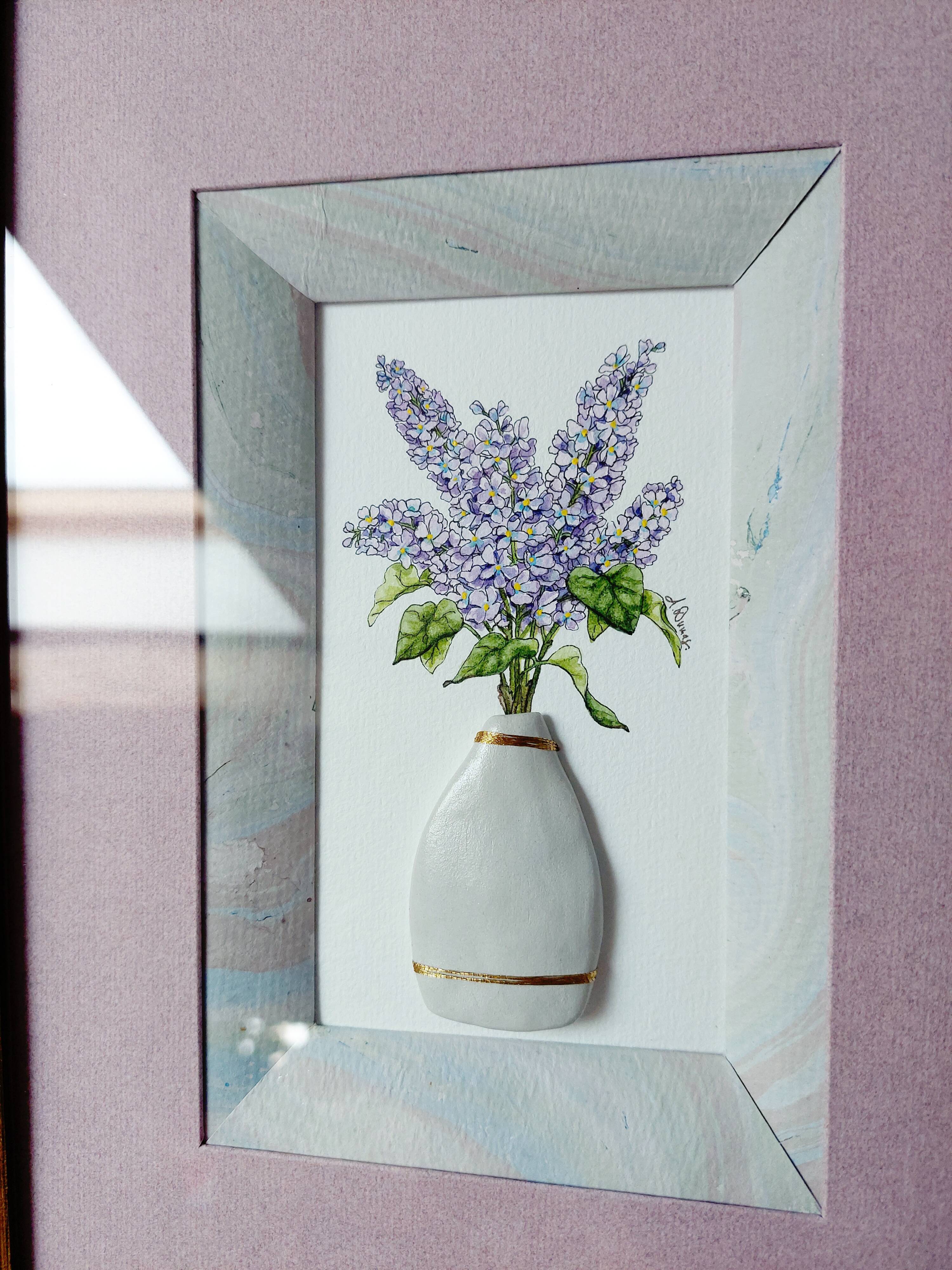 Composition of a watercolor bouquet of lilacs in a handmade clay pot
