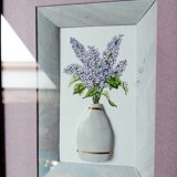 Composition of a watercolor bouquet of lilacs in a handmade clay pot