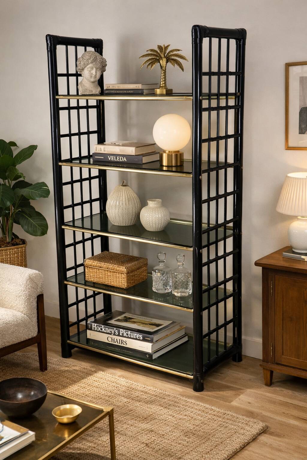 Vintage 1970s shelf in smoked glass with a bamboo-style structure.