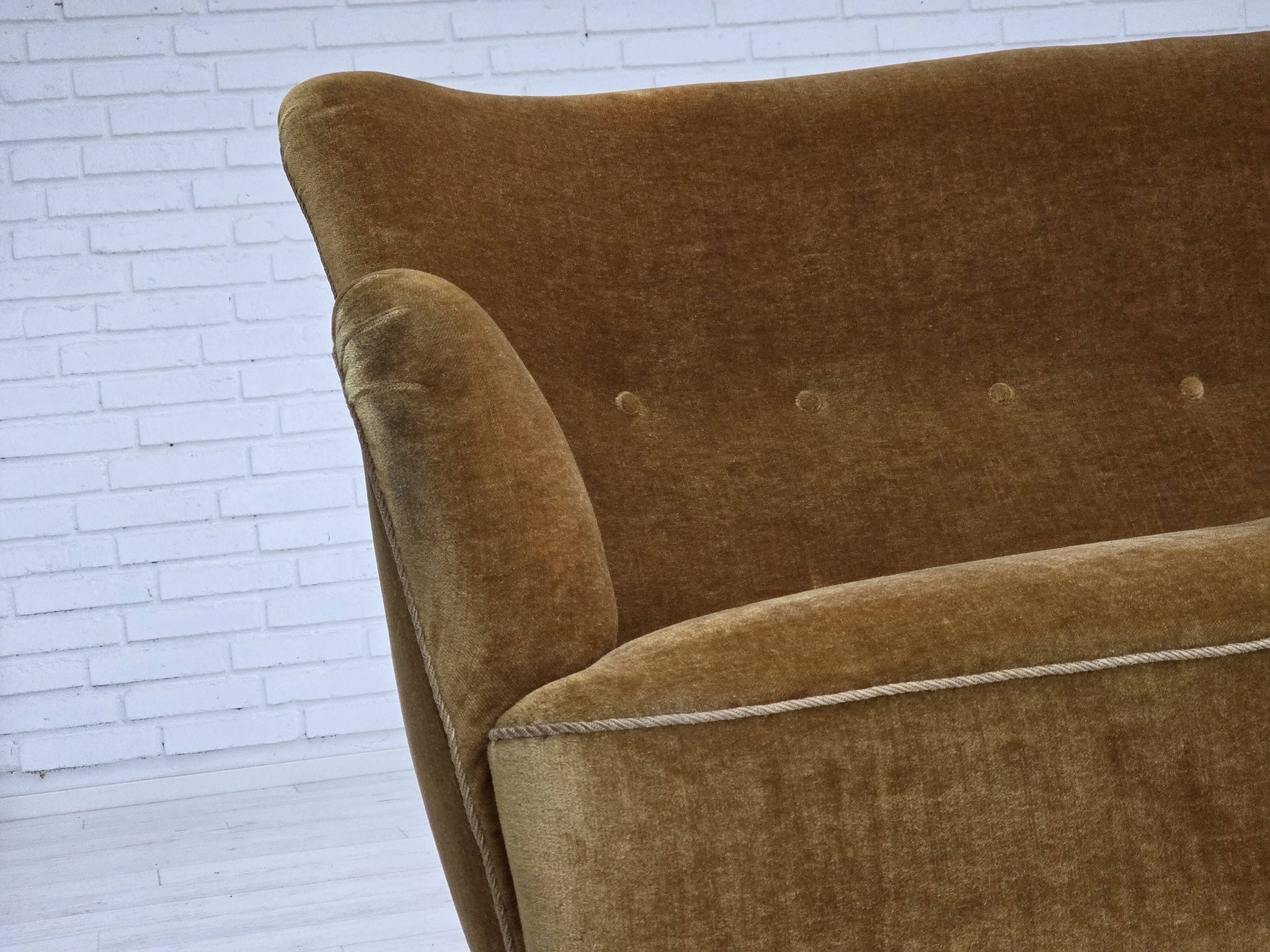 1960s, Danish 3-seater sofa, honey-yellow furniture velour, beech wood.