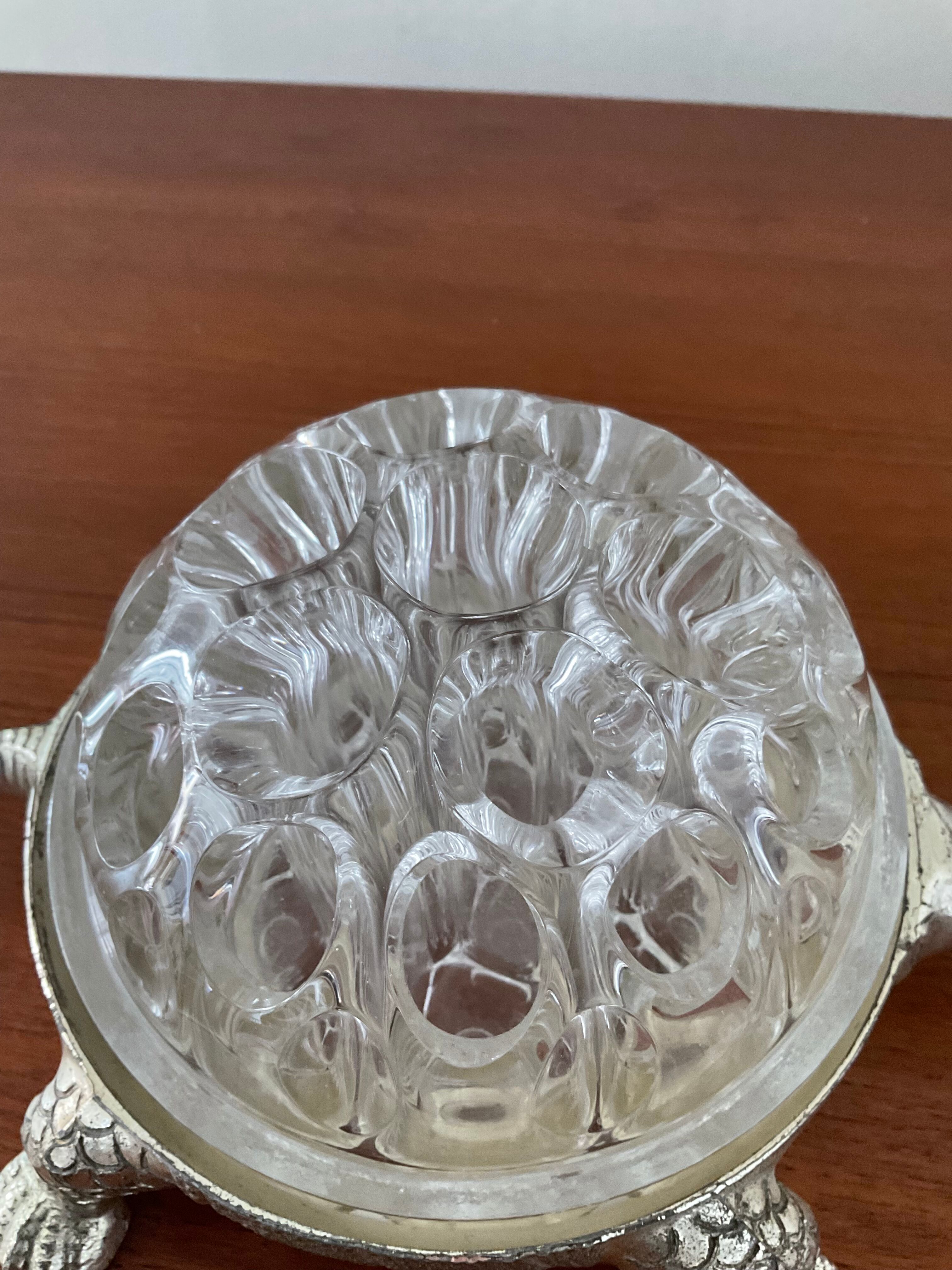 Vintage turtle flowerpeed in silver metal and glass From Reims