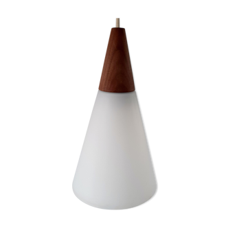 Suspension lamp Louis Kalff 60s teak and opaline