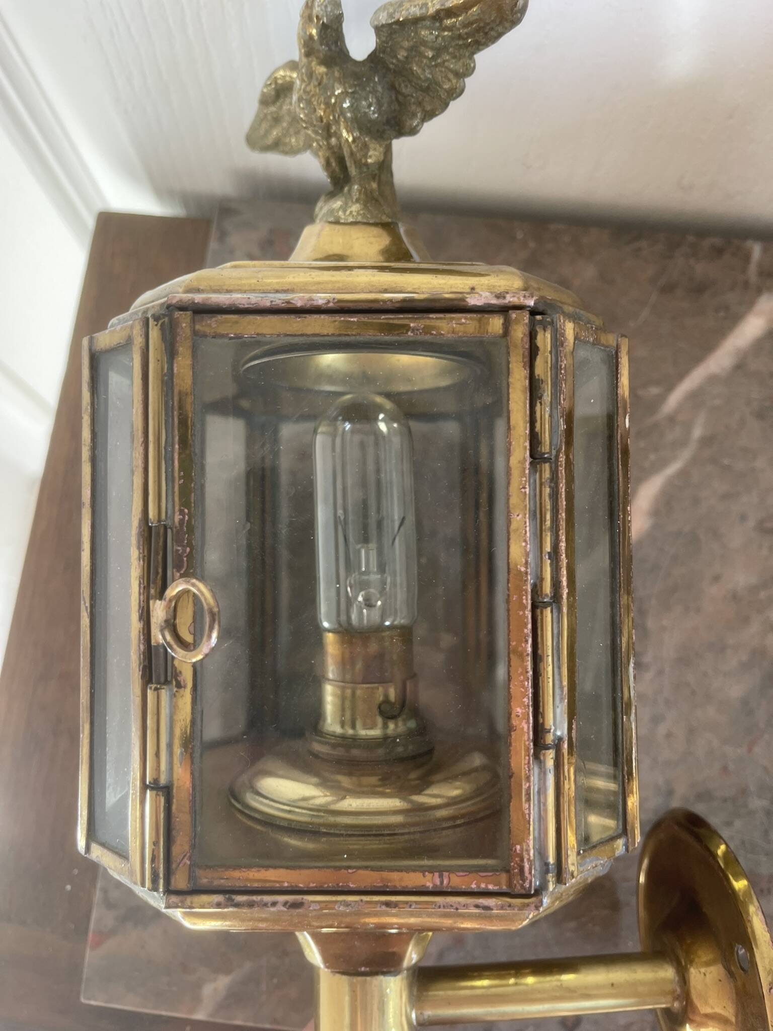 Old Pair of Gilded Brass Wall Lights in Carriage Lantern Eagle Empire Style