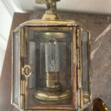 Old Pair of Gilded Brass Wall Lights in Carriage Lantern Eagle Empire Style