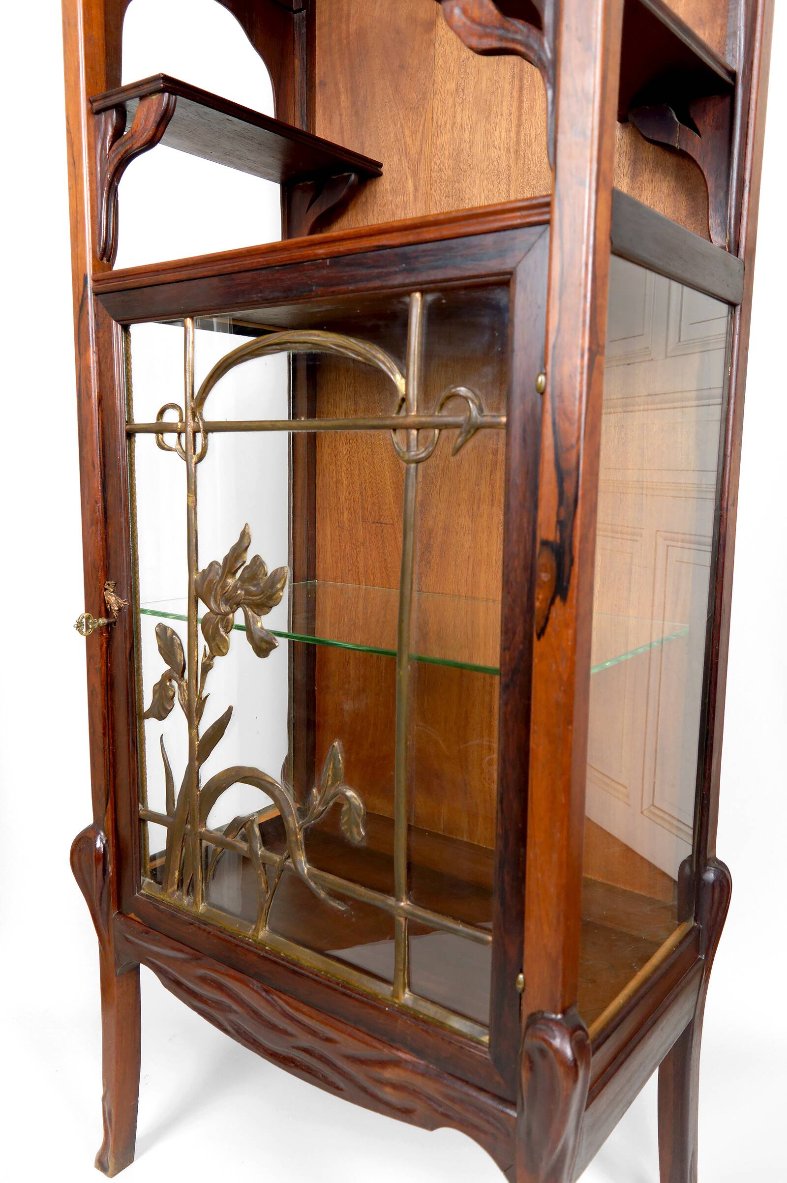 Art Nouveau Display Case, Bronzes and Carved Wood on a Lake Theme, 1900