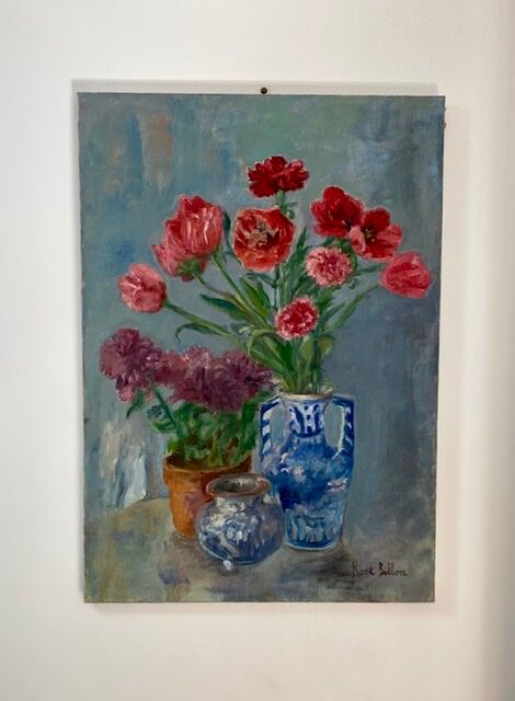 Ancient painting, still life in vase, flower pot and pitcher, signed, 20th century