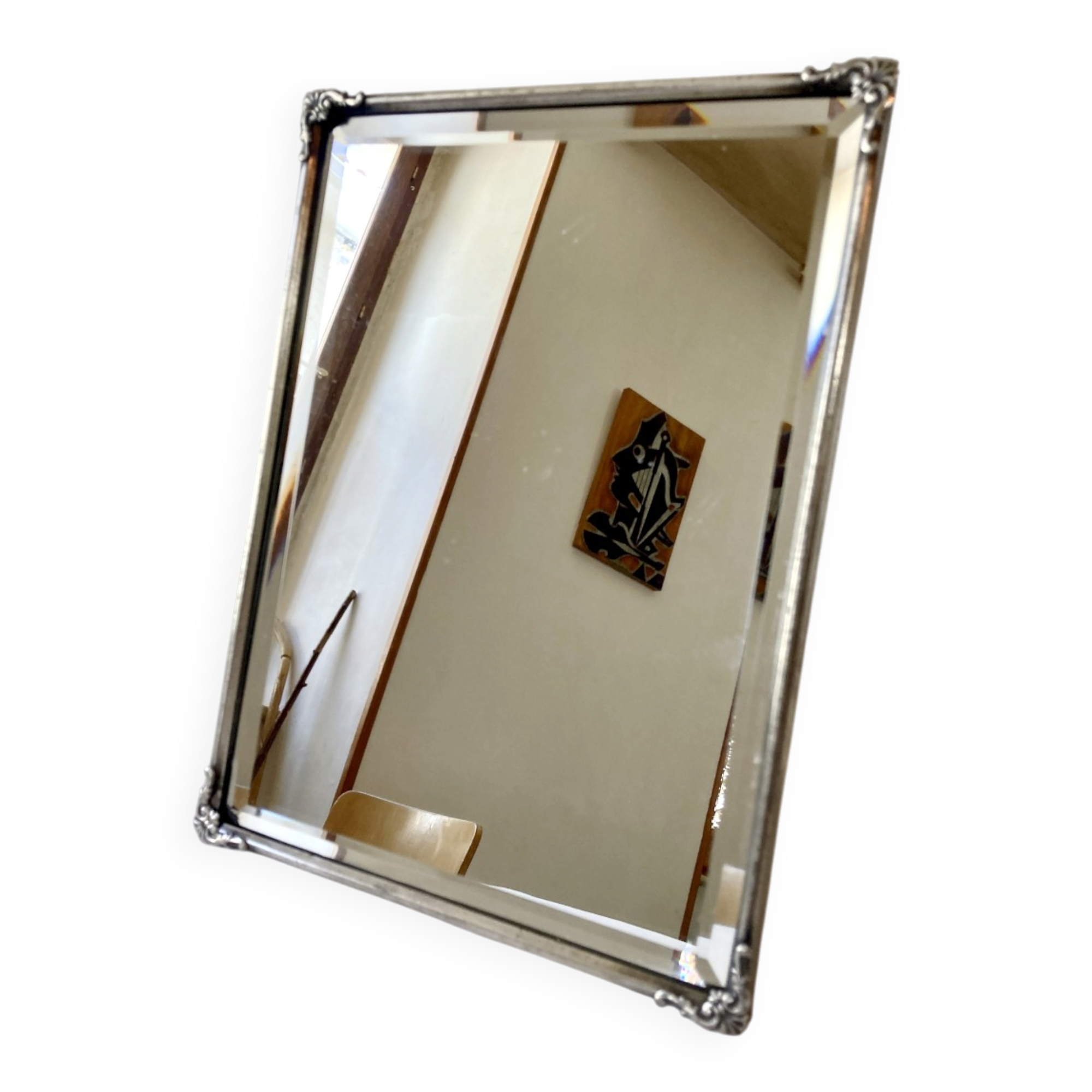 Antique framed mirror, bevelled glass and silver-plated metal frame, 1930-1940.