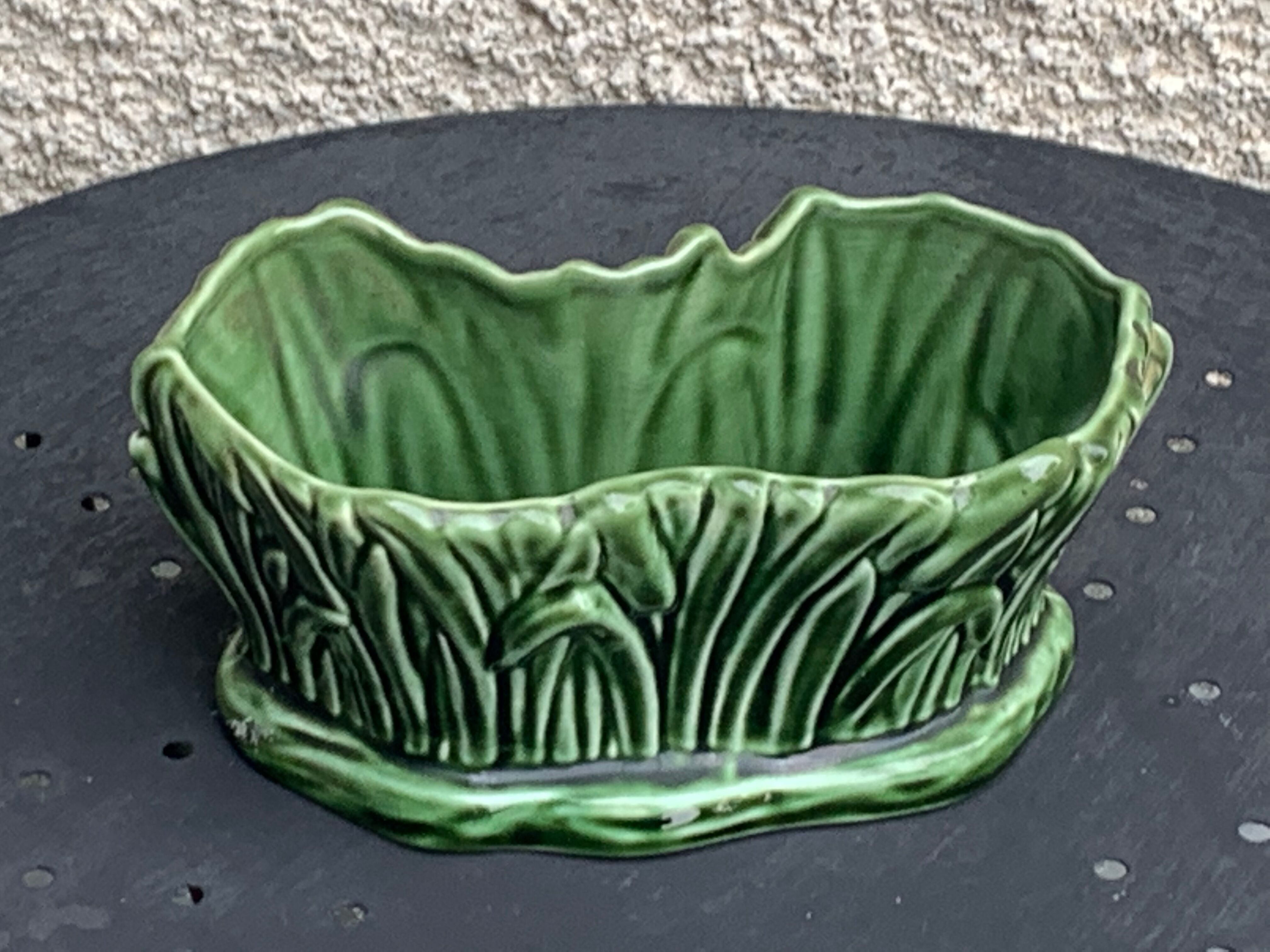 Pot cover in ceramic slurry glazed green pattern foliage and swan made in england numbered