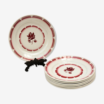 Lot 7 assiettes à dessert en porcelaine fleur rose rouge beige Badonvillier vintage