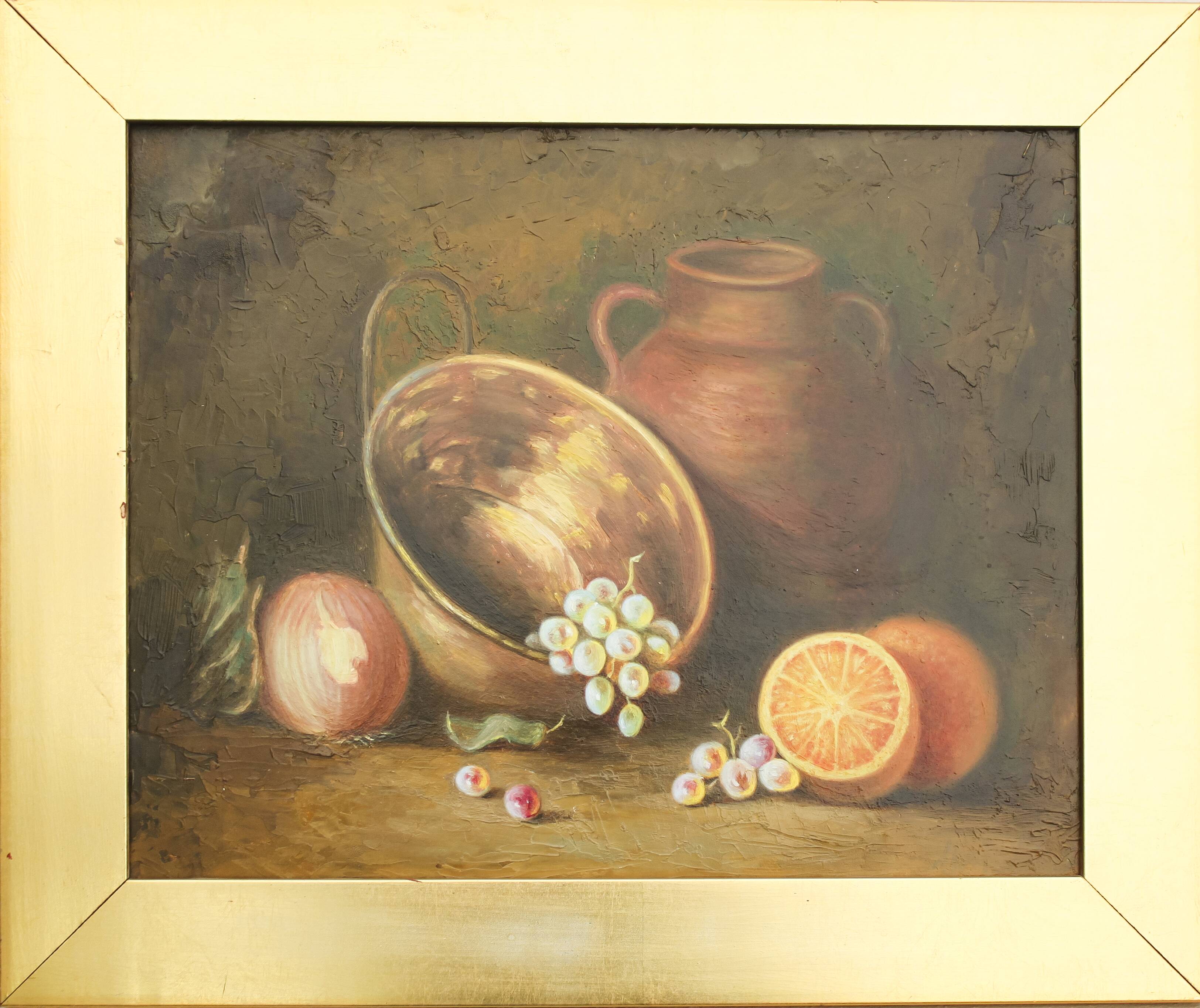Cuadro al oleo con frutas. Bodegón con fruits y objects de cobre y barro.