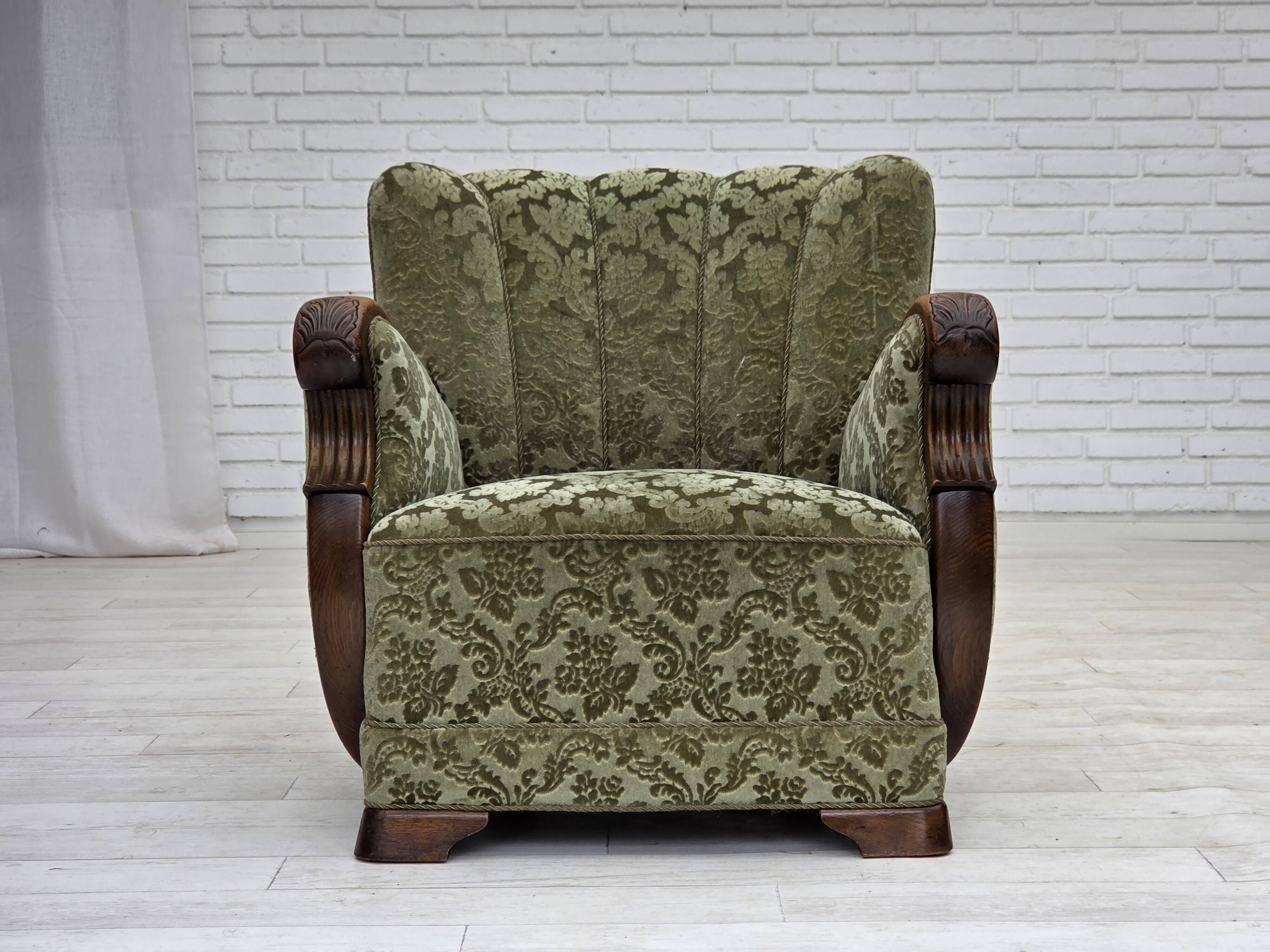 1960s, Danish armchair, green furniture velour, solid oak wood.