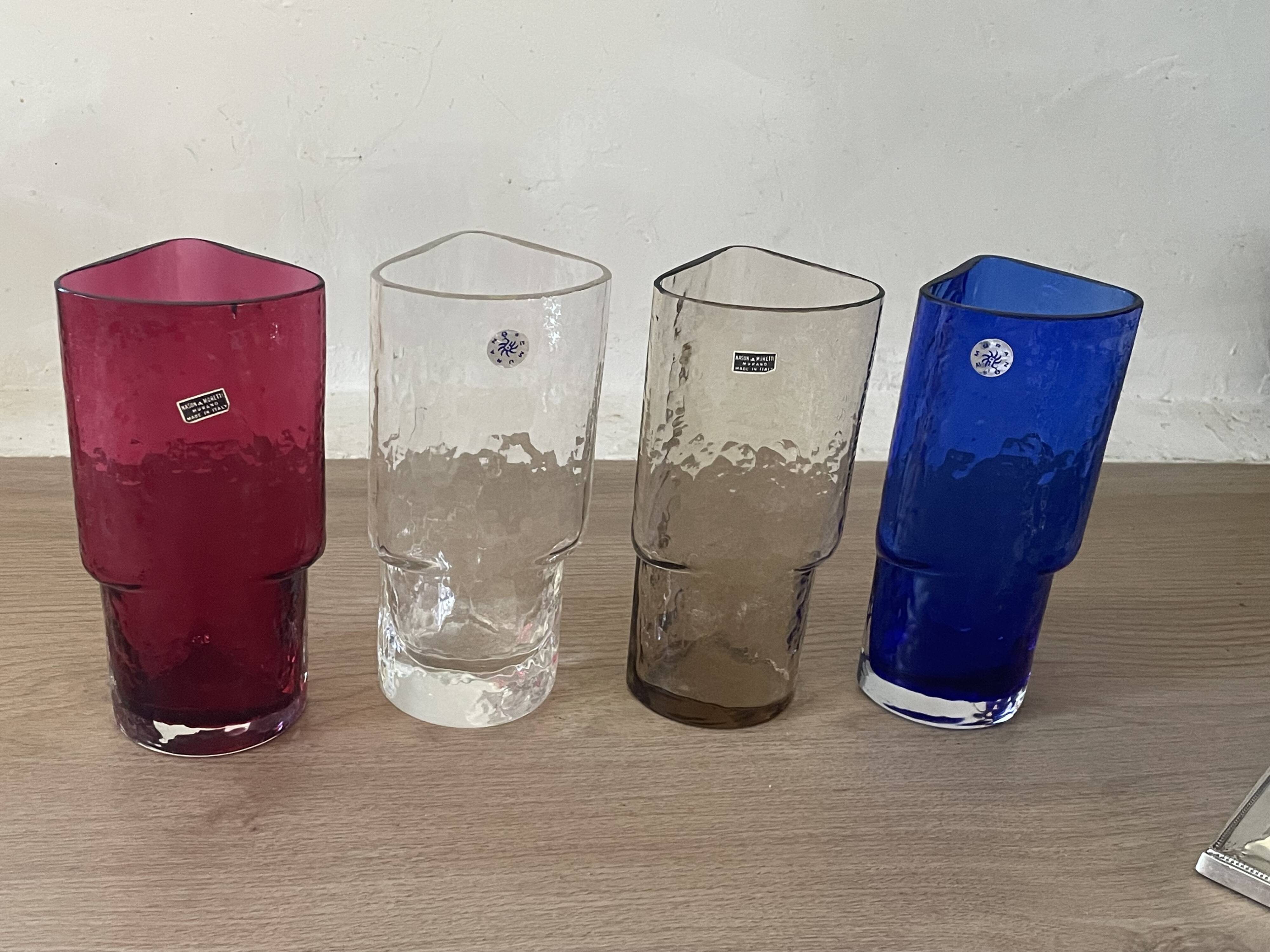 4 vintage coloured long drink glasses in Murano glass by Nason Moretti,