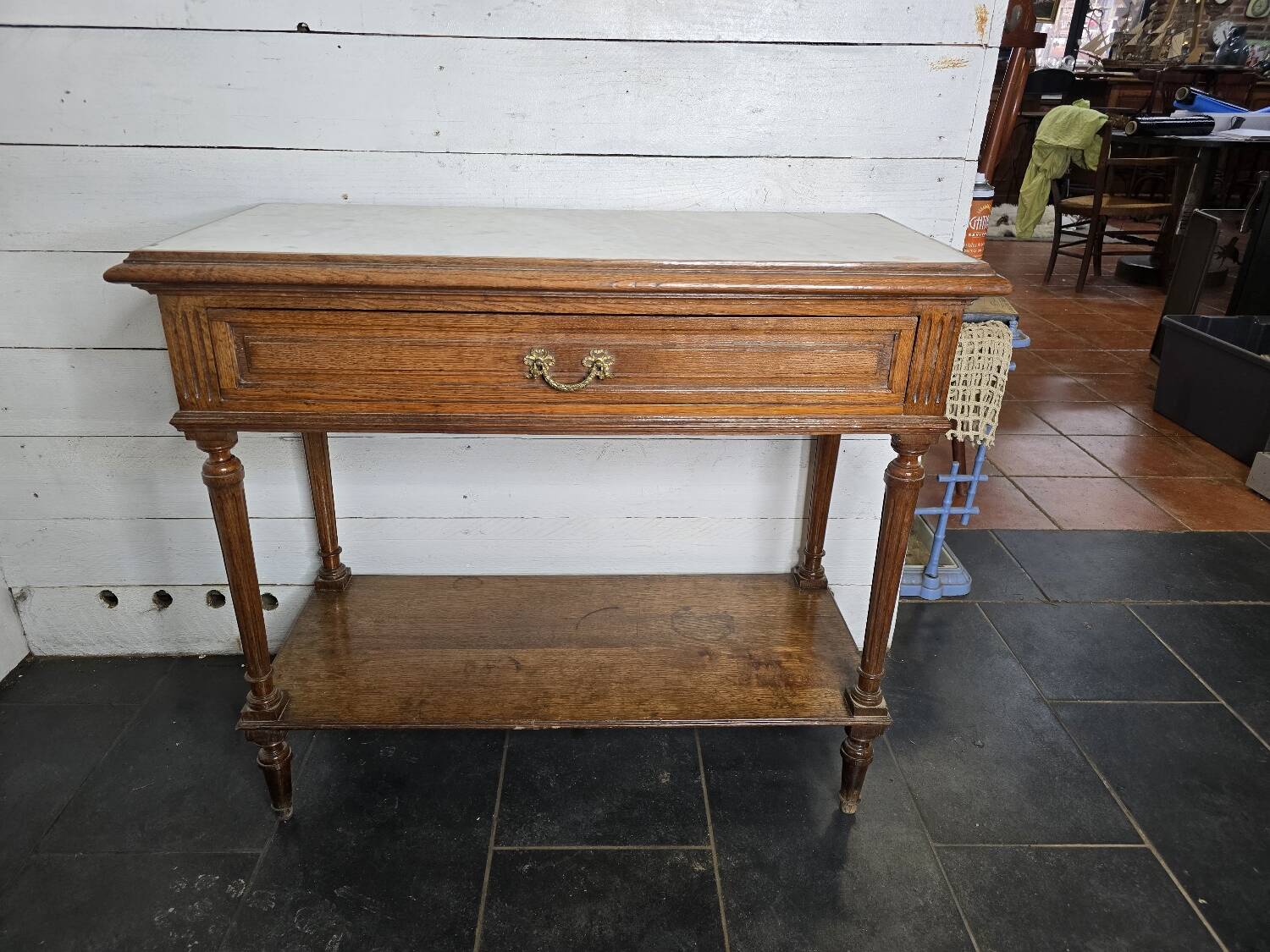 Oak bathroom cabinet with 1 drawer and marble top