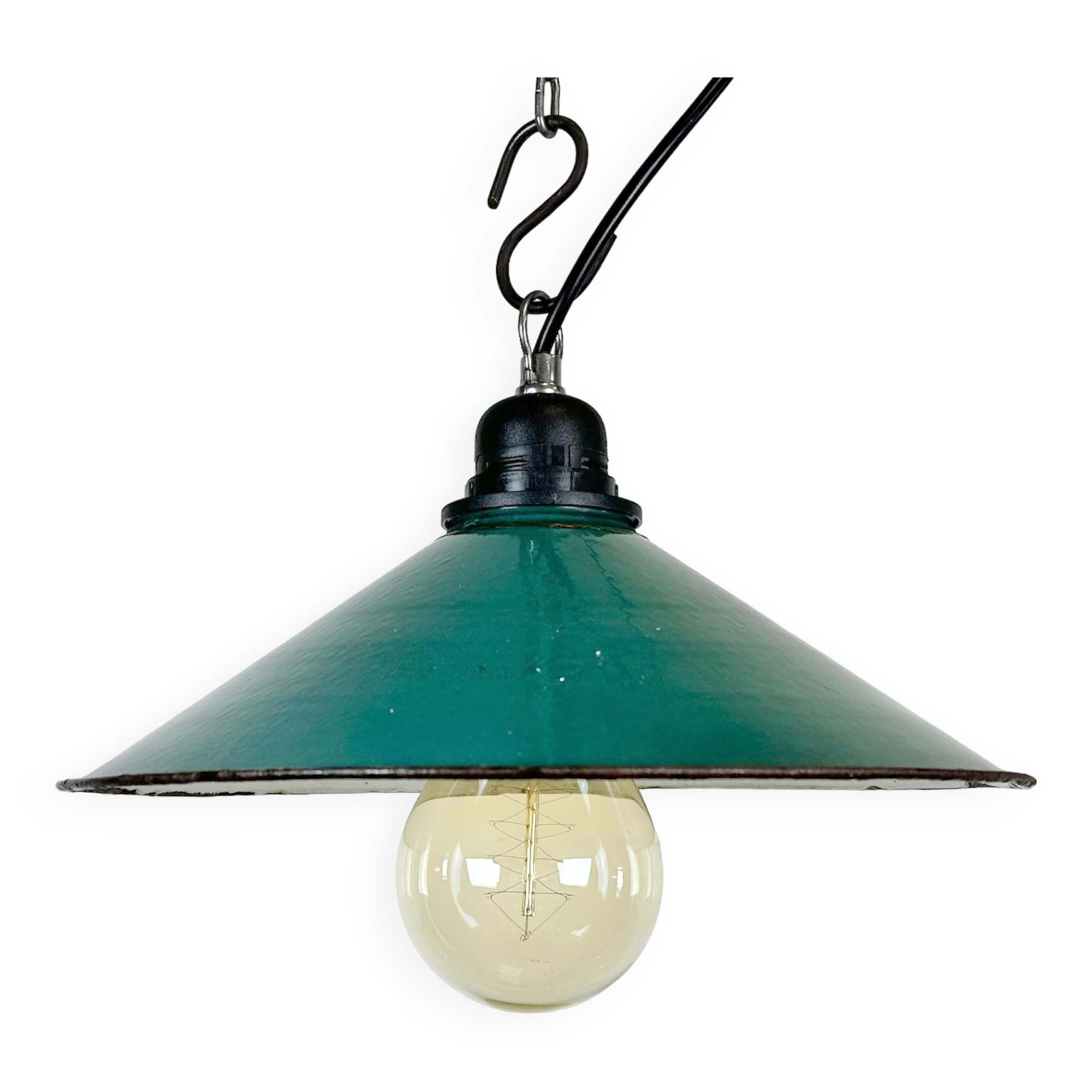 Suspension industrielle en émail vert d’usine, années 1960