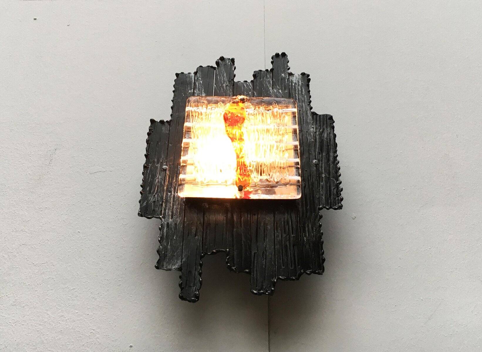 Vintage Italian brutalist wall light in wrought iron by Albano Poli for Poliarte, set of 2.