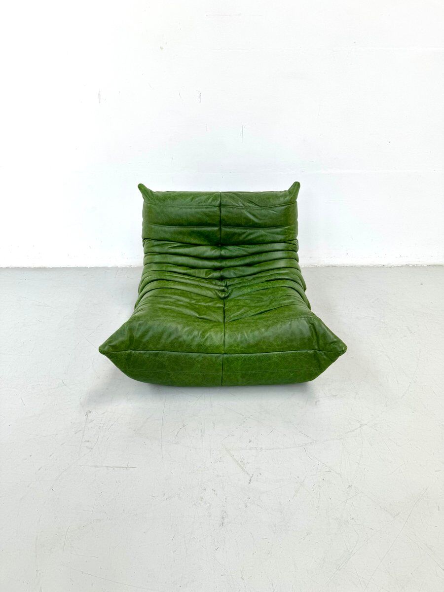 Togo lounge chair in forest green leather attributed to Michel Ducaroy for Ligne Roset