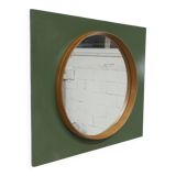 Unusual round wall mirror 60 cm teak edge on green rectangular board 1960.