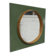 Unusual round wall mirror 60 cm teak edge on green rectangular board 1960.