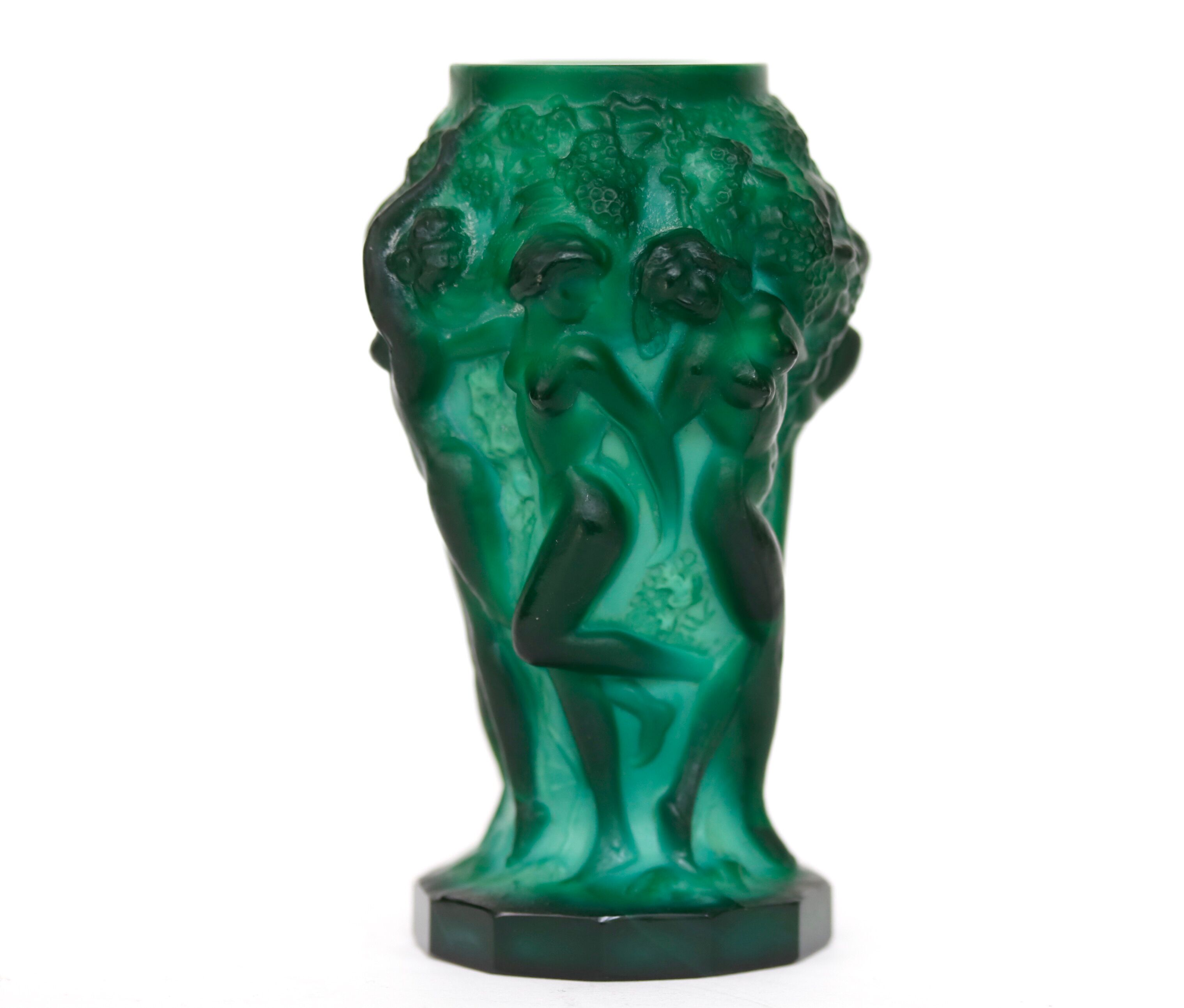 Glass vase decorated with bacchantes. Hoffman to Schlevogt 1930. Malachite green
