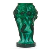 Glass vase decorated with bacchantes. Hoffman to Schlevogt 1930. Malachite green