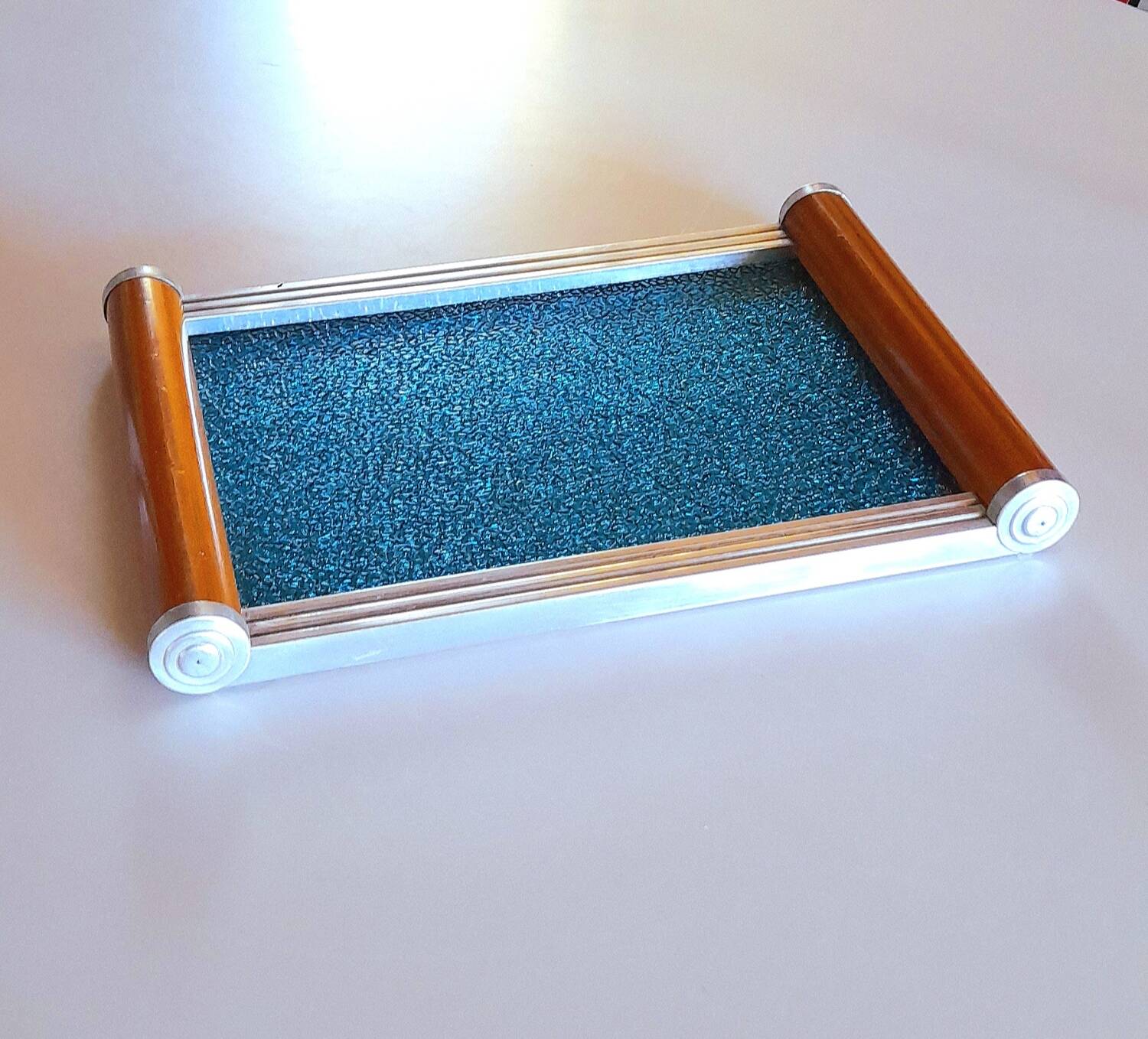Art deco tray, glass, wood and metal 1930