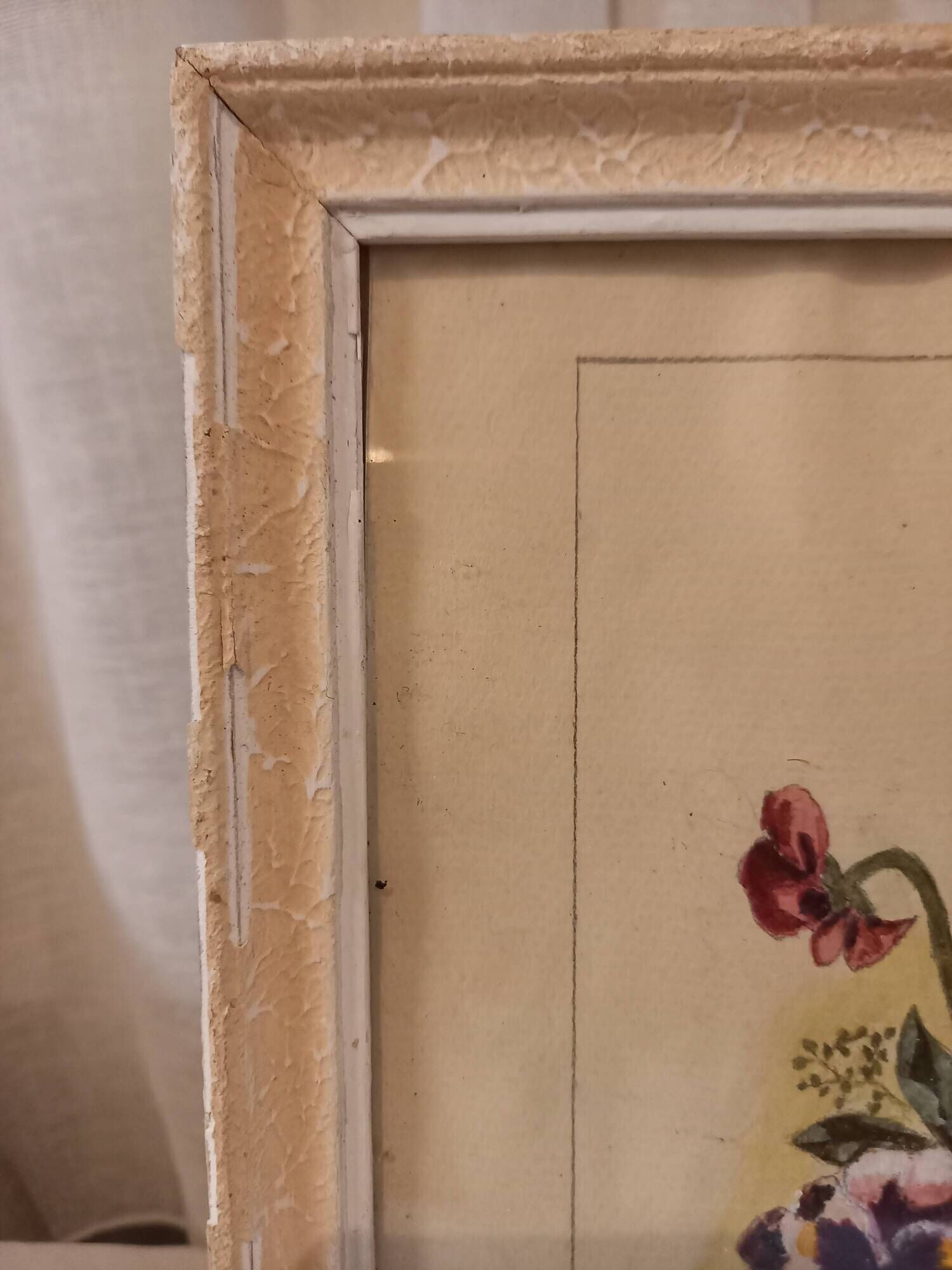 Old painting, gouache on paper, floral composition with pansies, framed under glass