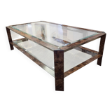 Table basse années 80 en métal gainé imitation loupe de noyer.